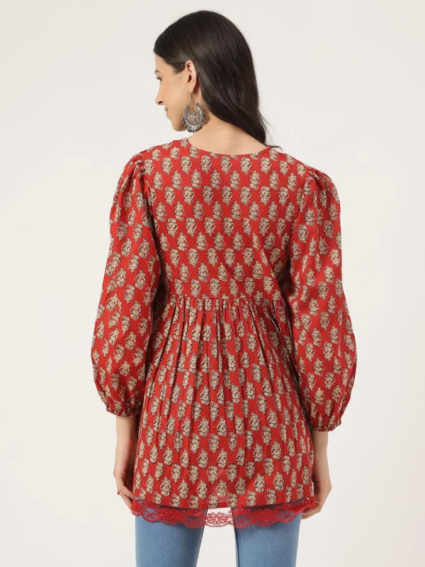 Hand Block Print Bohemian Tunic Kurti in Pure Cotton Red V-Neck Gathered sleeve Topp - Image 3