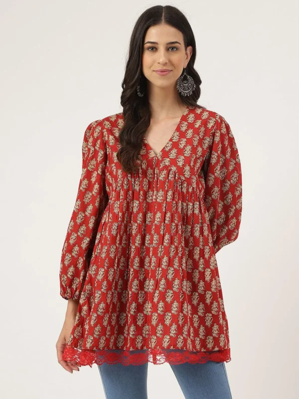 Hand Block Print Bohemian Tunic Kurti in Pure Cotton Red V-Neck Gathered sleeve Topp