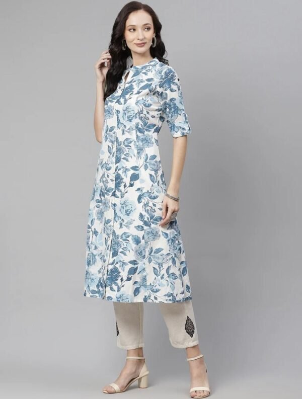 Long Tunic-Cotton Linen Blend A-Line Floral Kurta-Pocket