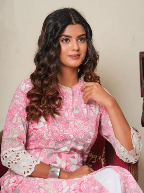 Pink Floral Kurta Cotton Linen Blend-Collar-Schiffli Sleeves-Pocket - Image 3