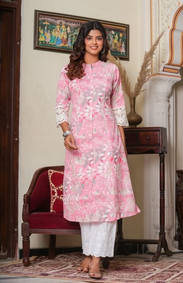 Pink Floral Kurta Cotton Linen Blend-Collar-Schiffli Sleeves-Pocket - Image 4