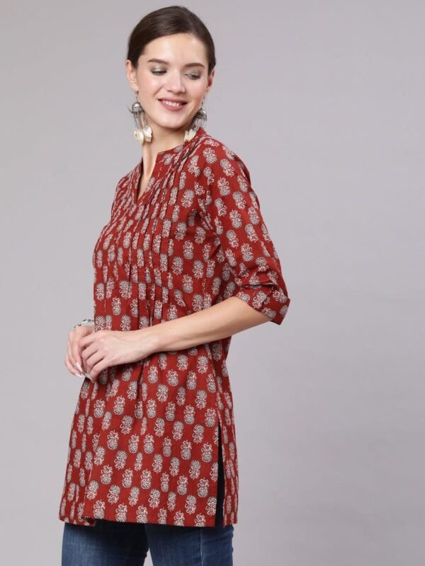 Block Print Tunic-Pure Cotton Maroon Ethnic Indian Short Kurta Top - Image 3