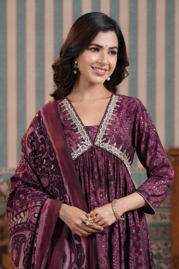 Flared Kurta Set Hand Embroidered Ethnic Paisley Print Bead Gota Work Premium Viscose Silk - Image 2