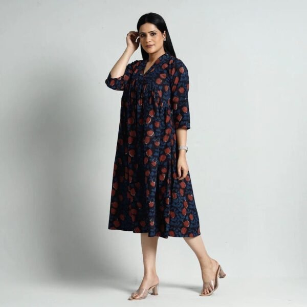 Rina Floral Pure Cotton Midaxi Dress-Bagru Hand Block Print-Easy fit-Yoke-Casual-Occasional-Sustainable