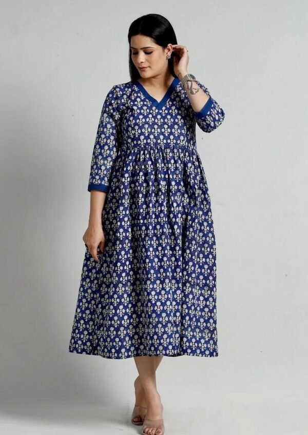 Indigo Blue Floral Dress Hand Block Print Pure Cotton V-Neck Midaxi - Image 2