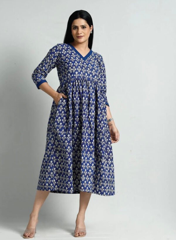 Indigo Blue Floral Dress Hand Block Print Pure Cotton V-Neck Midaxi