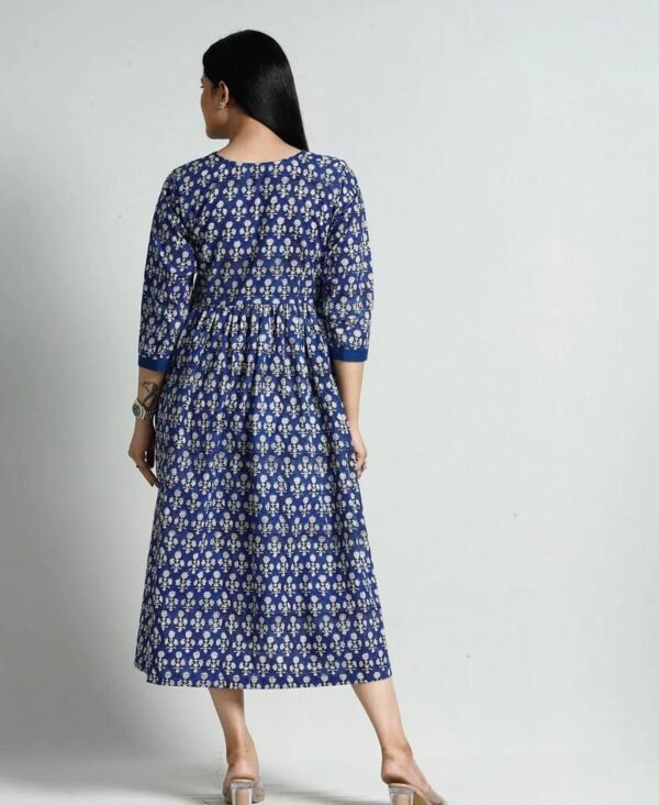 Indigo Blue Floral Dress Hand Block Print Pure Cotton V-Neck Midaxi - Image 7