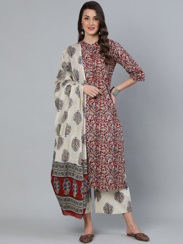 Kurta Pant Dupatta Set-Pure Cotton Block print Maroon Beige Ethnic Indian women's Casual Suit - Image 6