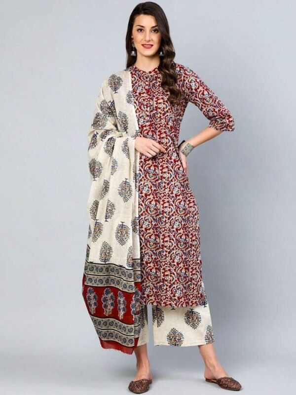 Kurta Pant Dupatta Set-Pure Cotton Block print Maroon Beige Ethnic Indian women's Casual Suit