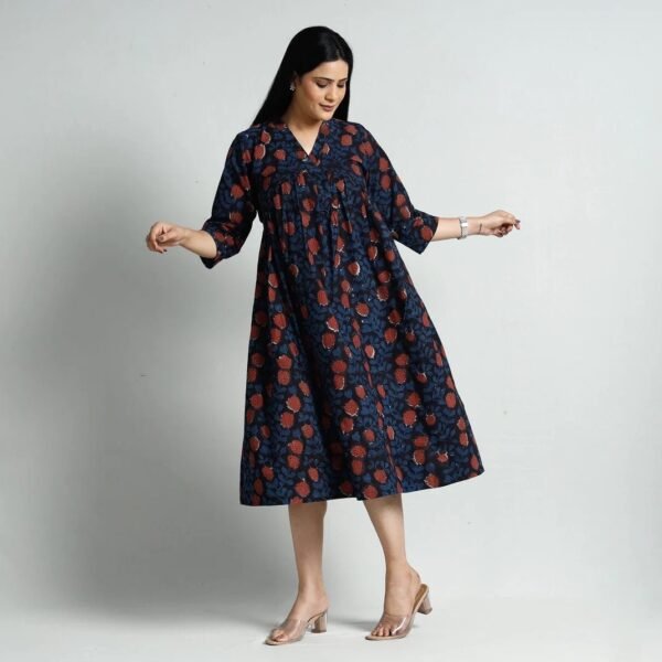 Rina Floral Pure Cotton Midaxi Dress-Bagru Hand Block Print-Easy fit-Yoke-Casual-Occasional-Sustainable - Image 6