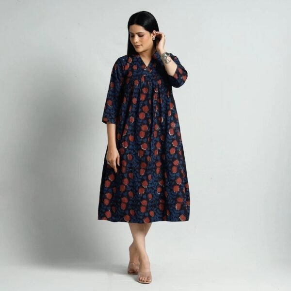 Rina Floral Pure Cotton Midaxi Dress-Bagru Hand Block Print-Easy fit-Yoke-Casual-Occasional-Sustainable - Image 2