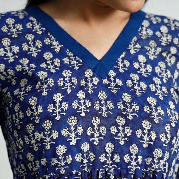 Indigo Blue Floral Dress Hand Block Print Pure Cotton V-Neck Midaxi - Image 4