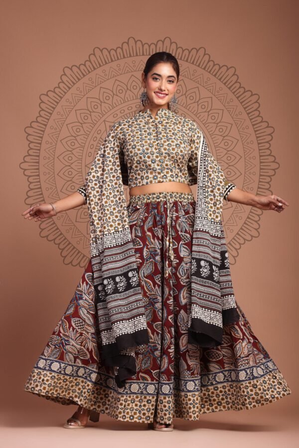 Lehenga Choli Set Pure Cotton Hand BLock Print Crop Top Long Skirt Dupatta - Image 7