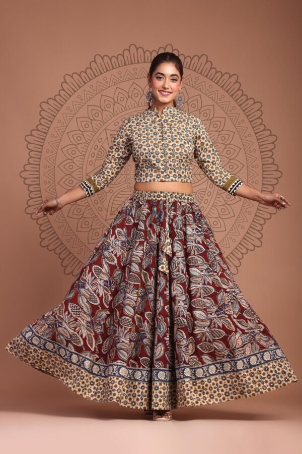 Lehenga Choli Set Pure Cotton Hand BLock Print Crop Top Long Skirt Dupatta - Image 8