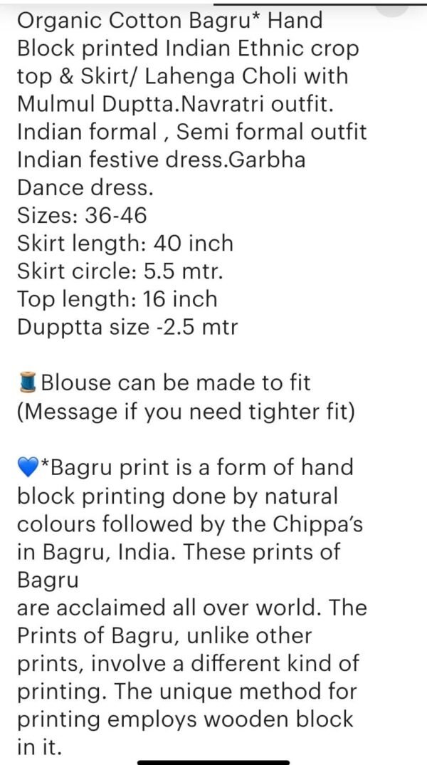 Lehenga Choli Set Pure Cotton Hand BLock Print Crop Top Long Skirt Dupatta - Image 9