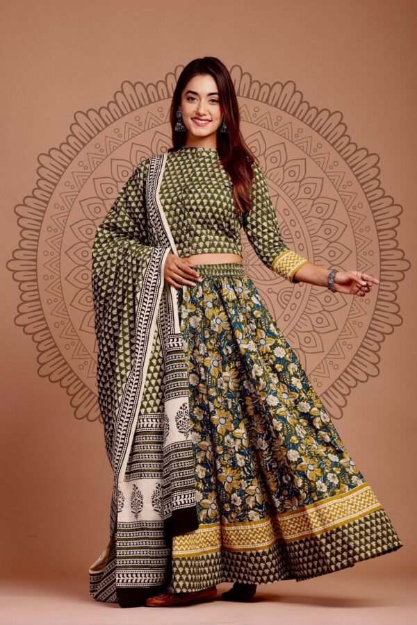 Lehenga Choli Set Pure Cotton Hand BLock Print Crop Top Long Skirt Dupatta