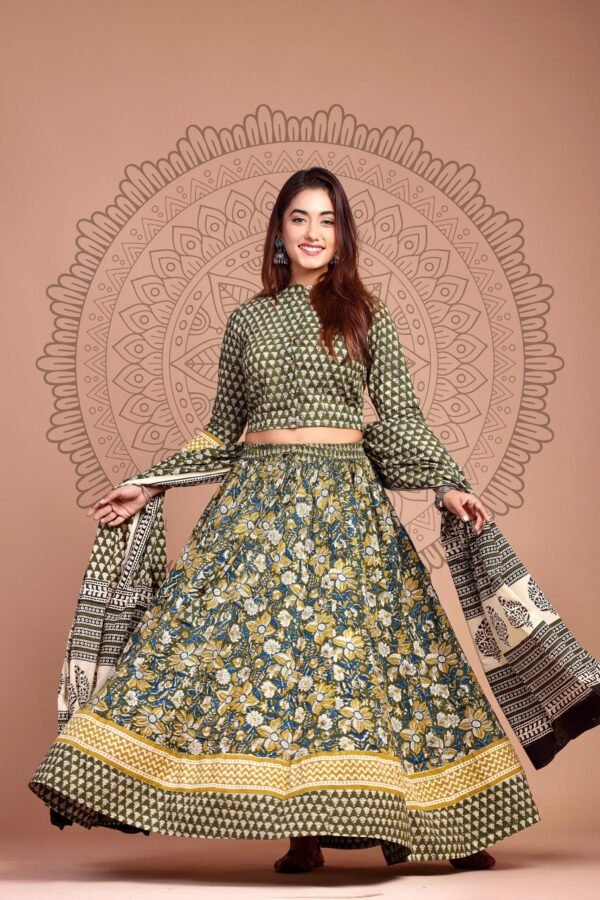 Lehenga Choli Set Pure Cotton Hand BLock Print Crop Top Long Skirt Dupatta - Image 3