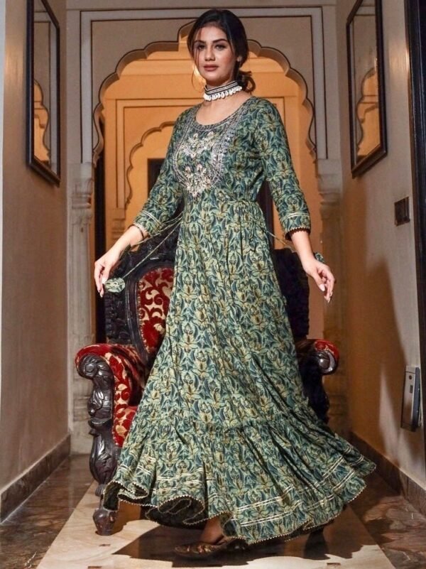 Embroidered Anarkali Maxi Dress Green Eco Dyed Pure Cotton-Embellished Indian Ethnic Kurta dress - Image 6