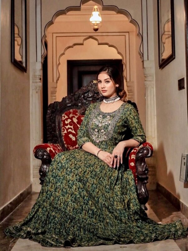 Embroidered Anarkali Maxi Dress Green Eco Dyed Pure Cotton-Embellished Indian Ethnic Kurta dress - Image 7