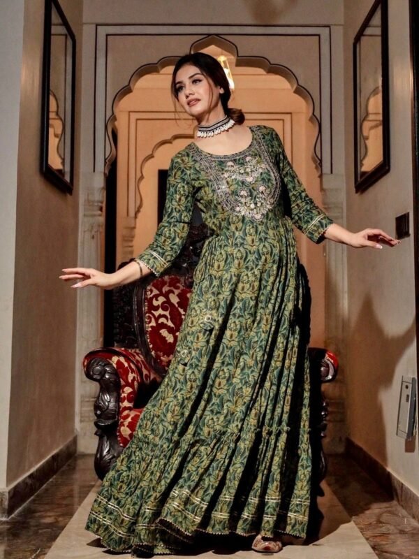 Embroidered Anarkali Maxi Dress Green Eco Dyed Pure Cotton-Embellished Indian Ethnic Kurta dress - Image 8