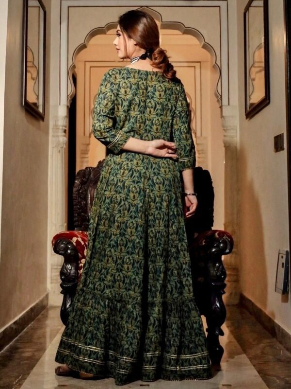 Embroidered Anarkali Maxi Dress Green Eco Dyed Pure Cotton-Embellished Indian Ethnic Kurta dress - Image 9