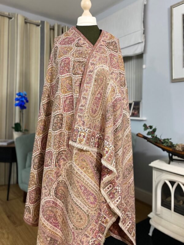 Luxury Wool Kani Woven Shawl Winter Wrap Paisley Jacquard Persian Design Woven Beige Shawl - Image 4