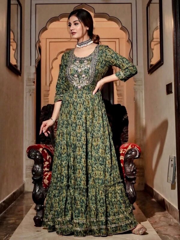 Embroidered Anarkali Maxi Dress Green Eco Dyed Pure Cotton-Embellished Indian Ethnic Kurta dress - Image 4