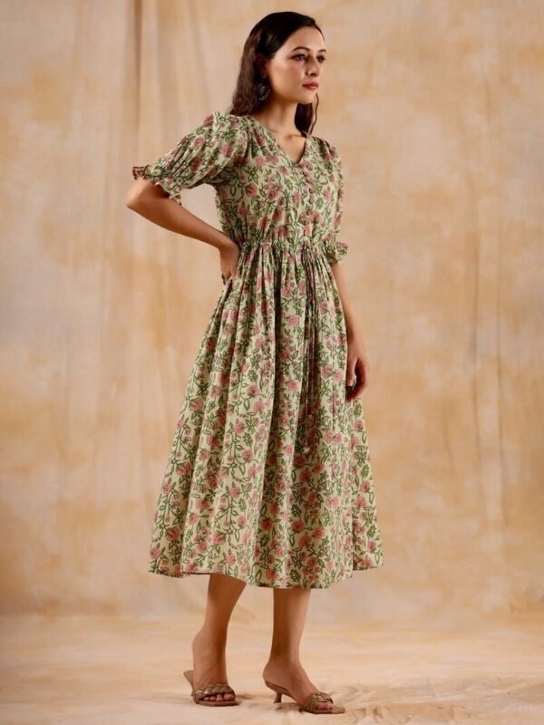 Hand Block Print Midi Dress In Pure Cotton V-Neck Tie Up Waist-Ruffle sleeve Floral Summer Dress - Image 7