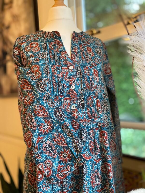 A-Line Long Indian Shirt Dress Pure Cotton Tunic Block Print With Pockets - Image 4