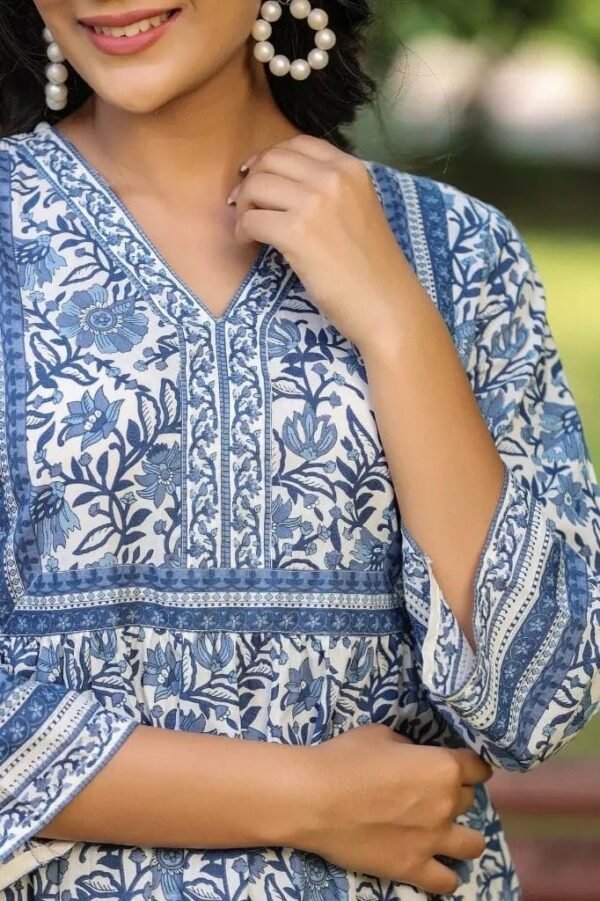 Floral Block Print Tunic-White Pure Cotton Summer Blouse - Image 2