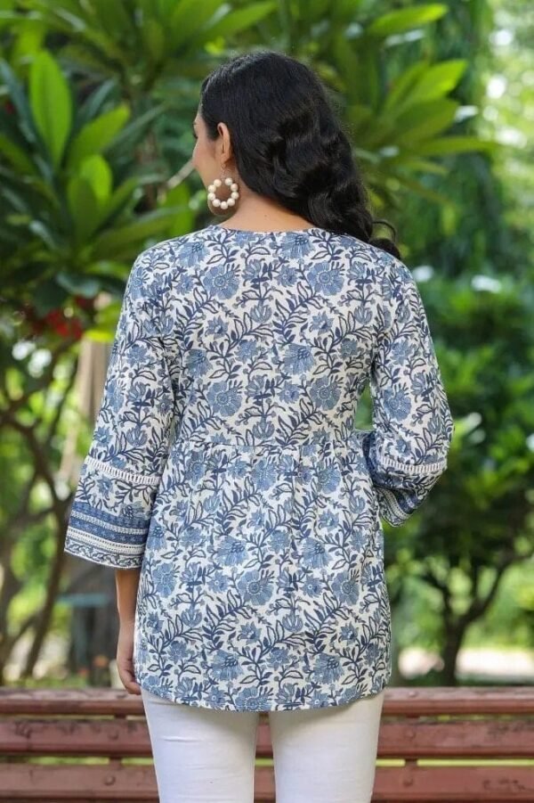 Floral Block Print Tunic-White Pure Cotton Summer Blouse - Image 4