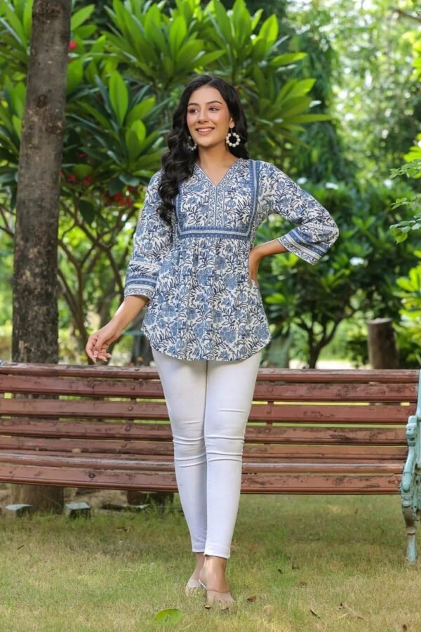 Floral Block Print Tunic-White Pure Cotton Summer Blouse - Image 5