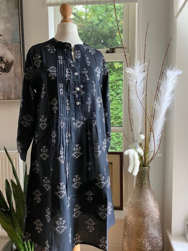 A-Line Long Indian Shirt Dress Pure Cotton Tunic Block Print With Pockets - Image 9