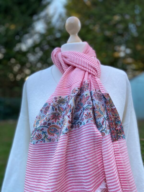 Striped Cashmere Gauze Scarf With Kashmiri Kani Weave Floral Pattern Border Ultra Light Stole - Image 2