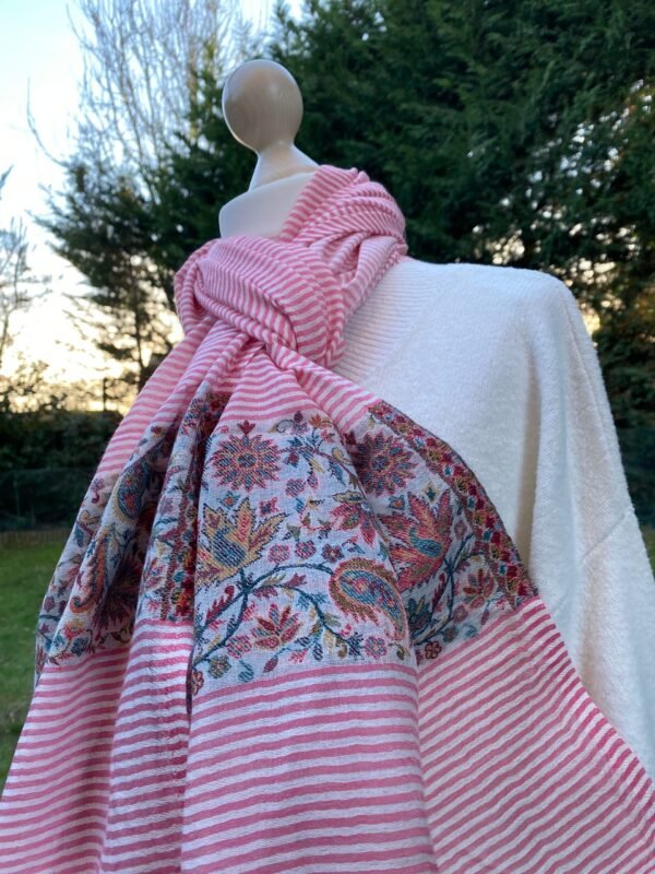 Striped Cashmere Gauze Scarf With Kashmiri Kani Weave Floral Pattern Border Ultra Light Stole - Image 3