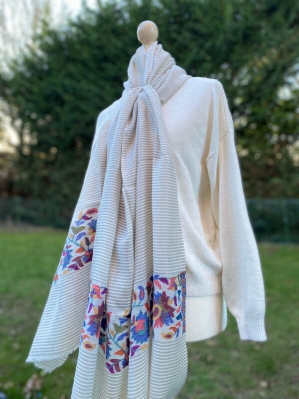 Striped Cashmere Gauze Scarf With Kashmiri Kani Weave Floral Pattern Border Ultra Light Stole - Image 4