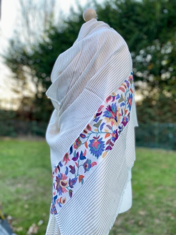 Striped Cashmere Gauze Scarf With Kashmiri Kani Weave Floral Pattern Border Ultra Light Stole - Image 5