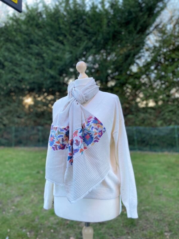 Striped Cashmere Gauze Scarf With Kashmiri Kani Weave Floral Pattern Border Ultra Light Stole - Image 6