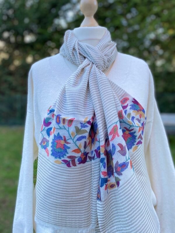 Striped Cashmere Gauze Scarf With Kashmiri Kani Weave Floral Pattern Border Ultra Light Stole