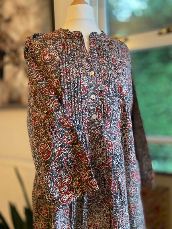 A-Line Long Indian Shirt Dress Pure Cotton Tunic Block Print With Pockets - Image 2