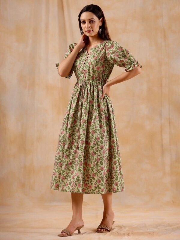 Hand Block Print Midi Dress In Pure Cotton V-Neck Tie Up Waist-Ruffle sleeve Floral Summer Dress - Image 5