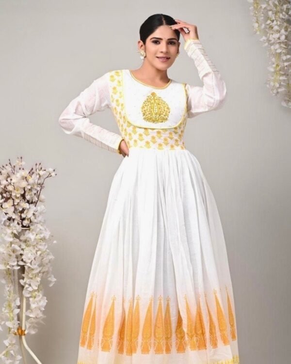 Anarkali Kurta-Pure Cotton Hand Block Print Fully Lined White Ethnic Indian Dress