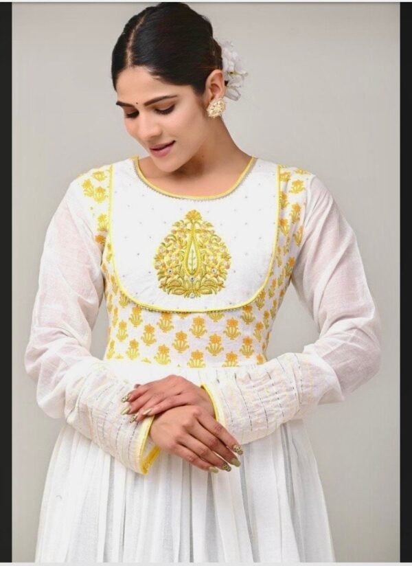 Anarkali Kurta-Pure Cotton Hand Block Print Fully Lined White Ethnic Indian Dress - Image 2