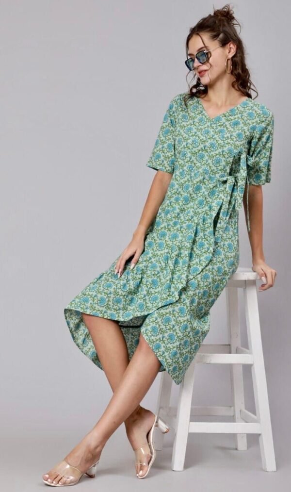 Wrap Dress Pure Cotton Floral Print Ruffles-V-Neck-Embellished-Casual-Occasional-Boho-Chic dress - Image 7