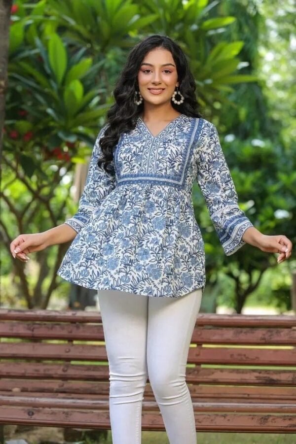 Floral Block Print Tunic-White Pure Cotton Summer Blouse - Image 7