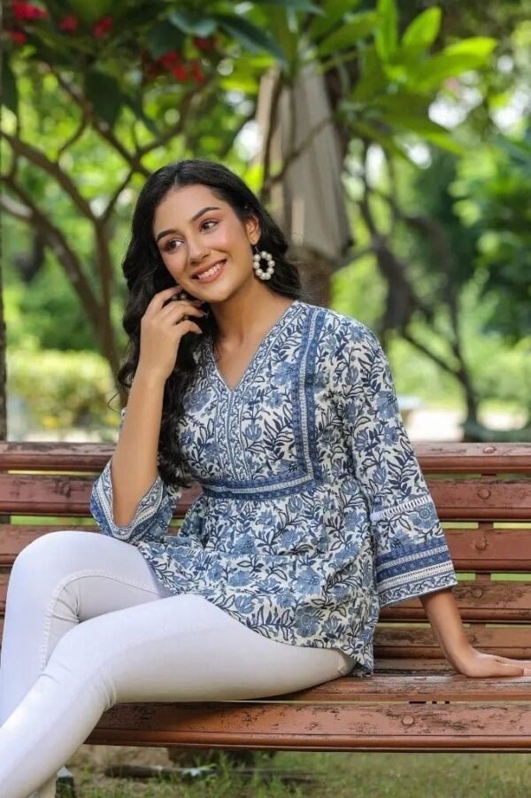 Floral Block Print Tunic-White Pure Cotton Summer Blouse