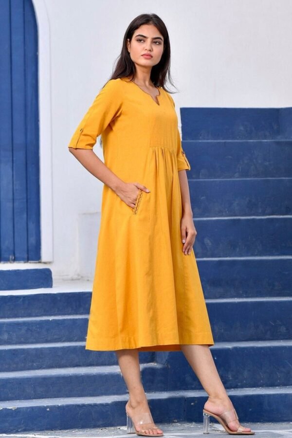 A-Line Midi Dress Cotton Linen blend Hand Embroidered Pocket Yellow Summer Dress