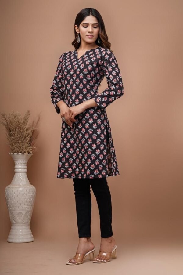 Hand Block Print Tunic Kurti Pure Cotton Red Black Floral Round Neck Blouse With Pocket - Image 6