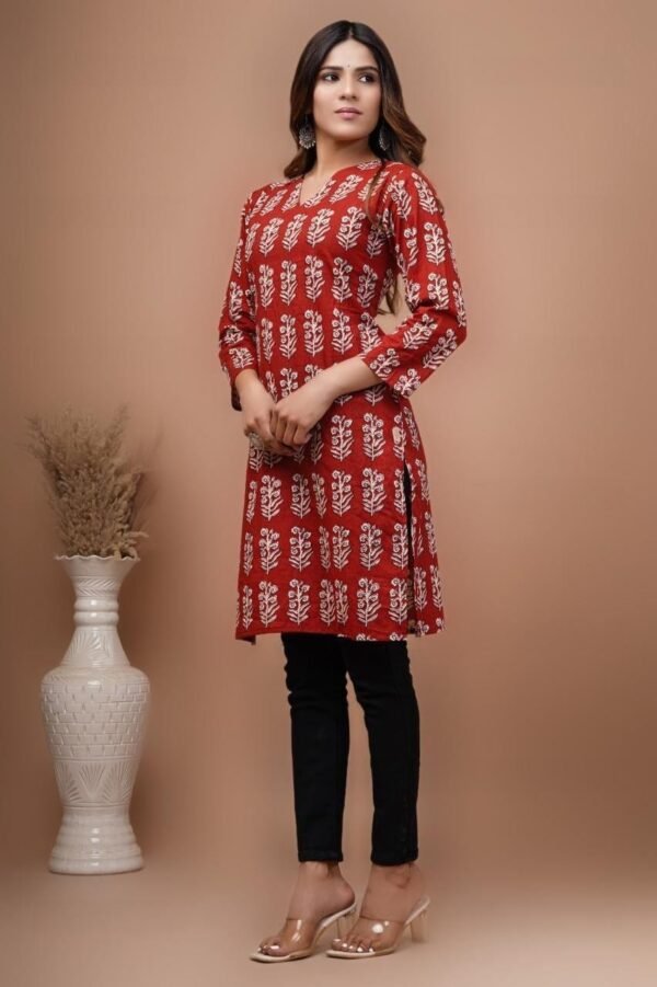 Hand Block Print Tunic Kurti Pure Cotton Red Black Floral Round Neck Blouse With Pocket - Image 3