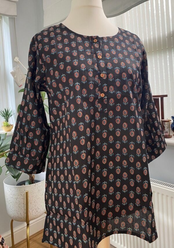 Pure Cotton Tunic Hand Block Print  Black Kurti-Short Kurta Round Neck Indian Blouse